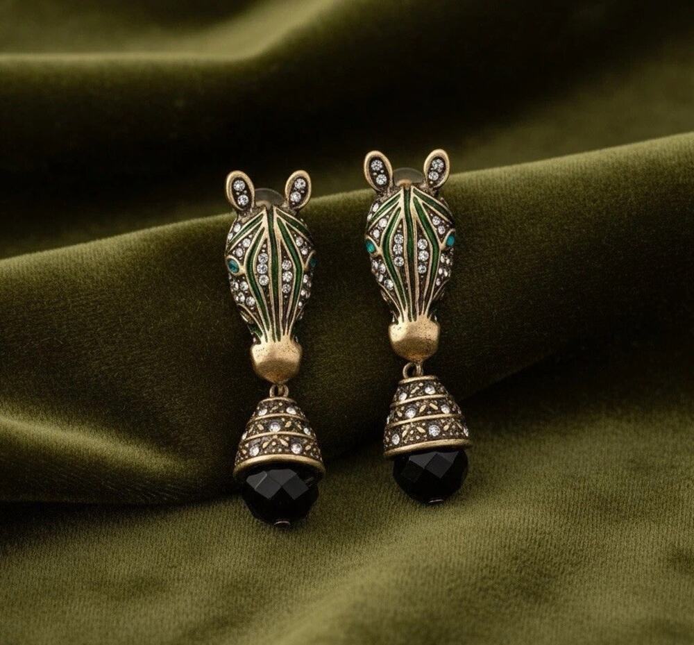 Medieval Horse Head Earrings Gold Enamel Nouveau Museum Boho Animal Zebra CZ